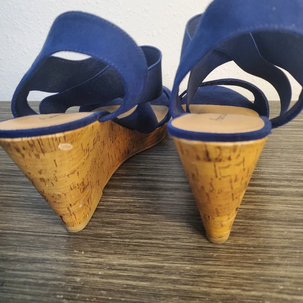 American Eagle Women's Ryan Wedge Sandals Navy Blue Cork Heel Straps‎ Size 9.5